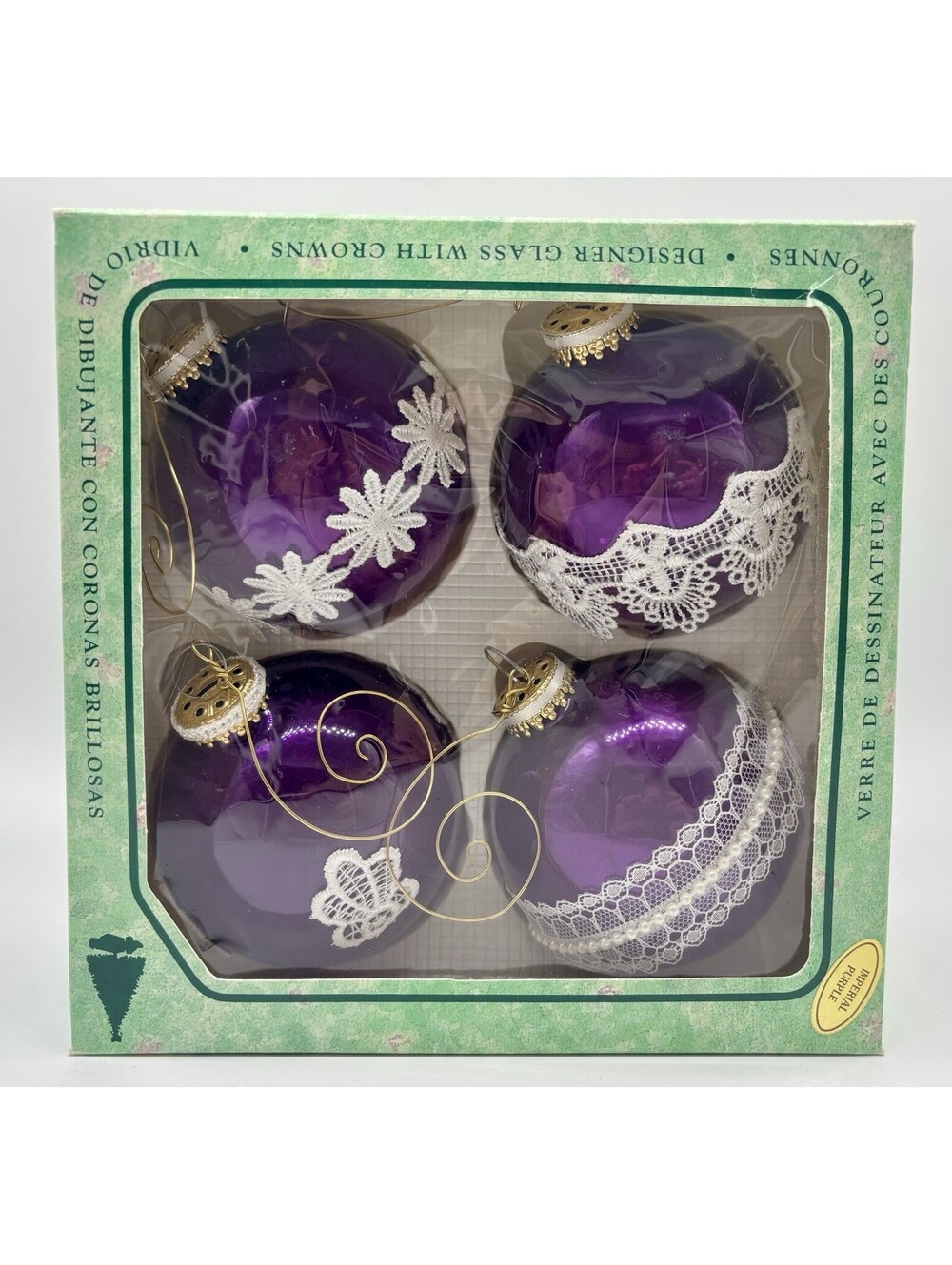 Vintage Christmas by Krebs Imperial Purple Glass Ornaments Lace Set of 4 Boxed